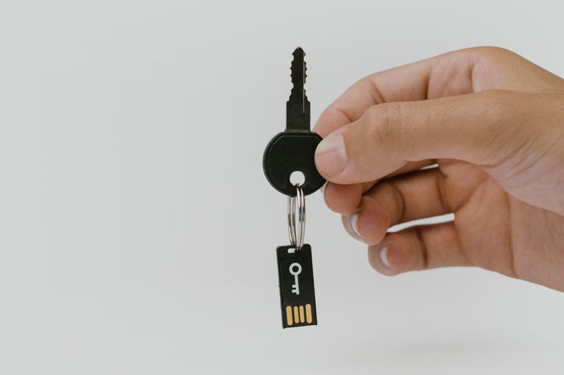 A hand holding a black key on a split ring with a small black USB device attached, a key symbol printed on it above four gold contacts, against a plain pale background